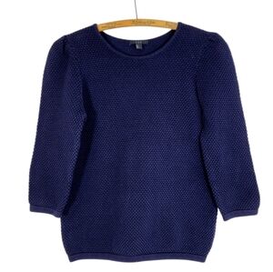 COS Textured Honeycomb Knit 3/4 Sleeve Gathered Puff Shoulder Sweater Navy Small